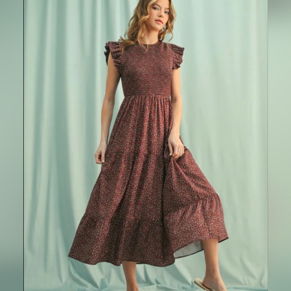 Zunie Smocked Floral Midi Dress | Juniors 14 - Fits Women’s XS–S | Wine Berry - Picture 11 of 17